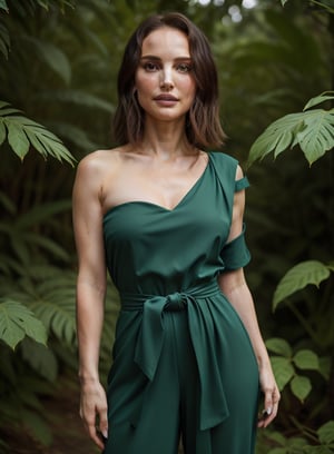 Close-up shot of Natalie Portman standing confidently in a lush green environment, wearing a stunning emerald green jumpsuit that hugs her curves. The camera captures the intricate details of the outfit as she strikes a powerful pose, with the vibrant foliage surrounding her creating a dramatic backdrop. Soft natural light illuminates her features, accentuating her beauty.