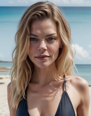 jaime king, long hair, light blonde hair, blue eyes, black_one-piece_swimsuit, masterpiece, beach background, best quality, detailed face, detailed eyes, highres