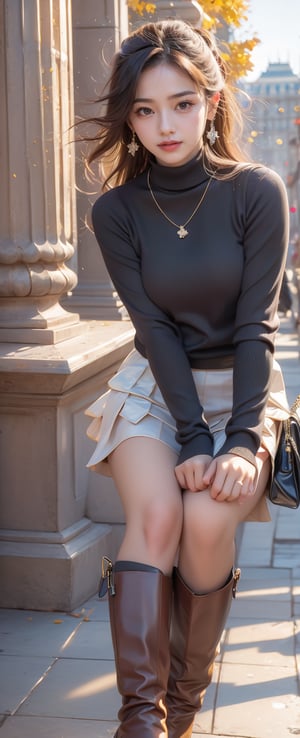 background is the Arc de Triomphe,triumphal arch,Paris,
18 yo, 1 girl, beautiful korean girl,
wearing tight black sweater(turtle neck,simple),tight leather short skirt,black long boots,shoulder bag, smile, solo, {beautiful and detailed eyes}, dark eyes, calm expression, delicate facial features, ((model pose)), Glamor body type, (dark hair:1.2), simple tiny earrings, simple tiny necklace,very_long_hair, hair past hip, bangs, curly hair, flim grain, realhands, masterpiece, Best Quality, 16k, photorealistic, ultra-detailed, finely detailed, high resolution, perfect dynamic composition, beautiful detailed eyes, eye smile, ((nervous and embarrassed)), sharp-focus, full_body, cowboy_shot,beauty