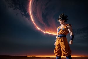 A dynamic, photorealistic depiction of Goku, radiating energy with a determined gaze, as he confronts Frieza on Planet Namek. The sky above is a deep crimson, with wispy clouds like cotton candy, and the terrain stretches out in a desolate, barren landscape. Lighting casts dramatic shadows on Goku's powerful physique, while Frieza's icy aura glows menacingly.