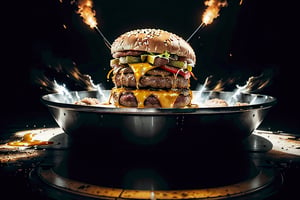 Captivating photograph of a gigantic cheeseburger sizzling on a massive platter, surrounded by an eerie aura of radioactive contamination. Gasoline drips artfully down the side, creating realistic shadows that add depth to the composition. The lighting is stark, with no distortion or softening, allowing for hyper-realistic textures and details to shine. The giant size of the burger and platter adds a sense of scale and grandeur, while the radiation-covered surface creates an unsettling contrast.
