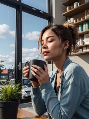 photorealistic 21-year-old female influencer with blue eyes and long blonde hair styled in a high ponytail. She is sitting at a cozy corner of a bustling urban cafe, enjoying a cup of coffee. The photo highlights her casual yet chic style, with artwork and shelves of books lining the cafe walls. ffocus all detail on hands focus detail on feet focus detail body focus all detail on focus all detal on shadow focus all detail on ears focus deal on hair focus all deatail on textures focus detail sun rays fous all detail on reay traced on envirmonment focus all detail on vehicles remove on background blur completely fockus detal on sky focus all detail on clothes focus all detail on accessories focus all detail on buildings and house focus all detail on grass put way more detail in to face put way more detail in to eyes put way more detail in to lips put way more detail in to mouth put way more detail intoroads put way more detail in to vehicles put way more detail into sky put way more detail into clouds remove alll gltiches and bugs remove all texture issues fix eyes remove texture pop out