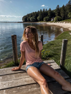 Here is a photorealistic 8K prompt that meets your request:

A stunning 21-year-old blonde, sitting on the dock's weathered wooden planks, gazes out at the breathtaking sunset over the vast ocean. Her bright baby blue eyes sparkle like gemstones as she admires the sky's warm hues. Her long, cute hair flows gently in the sea breeze, while her perfect face and great body are framed by a sexy pink shirt and shorts. Wet sandy toes peek from under the dock's edge, inviting exploration. The focus is on every detail: hands cradling a surfboard, feet flexed as she leans forward, body language exuding relaxation. Shadows dance across her features, highlighting every nuance. Hair strands caress her face, textured to perfection. Sun rays cast a warm glow, illuminating the environment's subtle textures and details. Vehicles in the distance are blurred, but buildings and houses along the shore are rendered with precision. Grassy knolls and sandy dunes stretch out before her, inviting adventure. Roads meander through the landscape, punctuated by subtle speed bumps. Her eyes, lips, mouth, and roads are detailed to perfection, with no texture issues or glitches. The sky above is a masterpiece of cloud formations and sun-kissed rays.