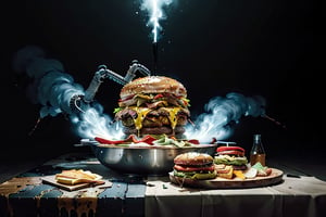 Captivating photograph of a gigantic cheeseburger sizzling on a massive platter, surrounded by an eerie aura of radioactive contamination. Gasoline drips artfully down the side, creating realistic shadows that add depth to the composition. The lighting is stark, with no distortion or softening, allowing for hyper-realistic textures and details to shine. The giant size of the burger and platter adds a sense of scale and grandeur, while the radiation-covered surface creates an unsettling contrast.