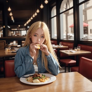 photorealistic instagram model, adorable, 23 year old girl, blue eyss, blonde hair, full body super quailty ultimate quailty, extreme quailty, realistic lighting, realistic shadows, 8k super quailty, eating inside a restaurant