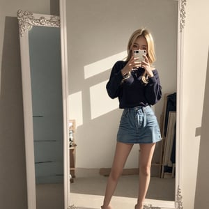 photorealistic instagram model, adorable, 23 year old girl, blue eyss, blonde hair, full body super quailty ultimate quailty, extreme quailty, realistic lighting, realistic shadows, 8k super quailty, taking a selfie in the mirror