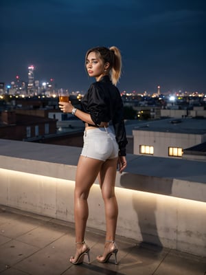 A photorealistic 21-year-old female influencer with blue eyes and perfect blonde hair tied in a high ponytail. She is standing on a rooftop overlooking the city skyline at night, dressed in a stylish outfit suitable for a rooftop setting. The photo captures her full body, including legs, in a moment of reflection. People are seen in the background, enjoying the city lights and skyline." also focus on the deatil quailty of focus detal on eyes focus on hair focus deail environment focus detail on sky focus detal on body detail on face focus detail skin tone focus detal on background focus detail on nose focus detail on mounth focus deatail on lips remove all low quailty remove all generated features remove glitches raise the quailty to 8k HDD