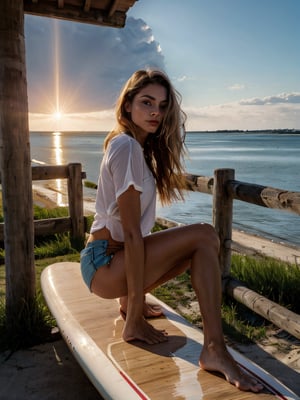 Here is a photorealistic 8K prompt that meets your request:

A stunning 21-year-old blonde, sitting on the dock's weathered wooden planks, gazes out at the breathtaking sunset over the vast ocean. Her bright baby blue eyes sparkle like gemstones as she admires the sky's warm hues. Her long, cute hair flows gently in the sea breeze, while her perfect face and great body are framed by a sexy pink shirt and shorts. Wet sandy toes peek from under the dock's edge, inviting exploration. The focus is on every detail: hands cradling a surfboard, feet flexed as she leans forward, body language exuding relaxation. Shadows dance across her features, highlighting every nuance. Hair strands caress her face, textured to perfection. Sun rays cast a warm glow, illuminating the environment's subtle textures and details. Vehicles in the distance are blurred, but buildings and houses along the shore are rendered with precision. Grassy knolls and sandy dunes stretch out before her, inviting adventure. Roads meander through the landscape, punctuated by subtle speed bumps. Her eyes, lips, mouth, and roads are detailed to perfection, with no texture issues or glitches. The sky above is a masterpiece of cloud formations and sun-kissed rays.