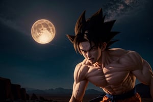 A dynamic, photorealistic depiction of Goku, radiating energy with a determined gaze, as he confronts Frieza on Planet Namek. The sky above is a deep crimson, with wispy clouds like cotton candy, and the terrain stretches out in a desolate, barren landscape. Lighting casts dramatic shadows on Goku's powerful physique, while Frieza's icy aura glows menacingly.