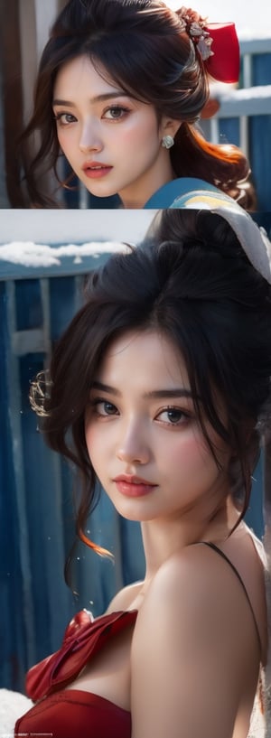a young woman,looking at the camera, posing,ulzzang, streaming on twitch, character album cover,red moment,style of ukiyo-e,daily wear,moody lighting,appropriate comparison of cold and warm, hair over one eye, bow on head, reality,idol,Beauty,beauty