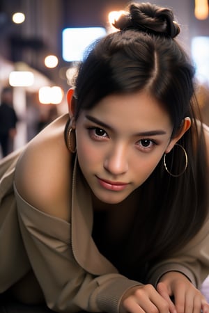 (8k,masterpiece, best quality, highres), 1girl,long hair, ((hair pulled back hairstyles)), brown hair,brown eyes, smile,(closed mouth:1.2) ,delicated eyes, delicated face,hair accessories,focus,portrait,crouching on the ground,downblouse,Beauty