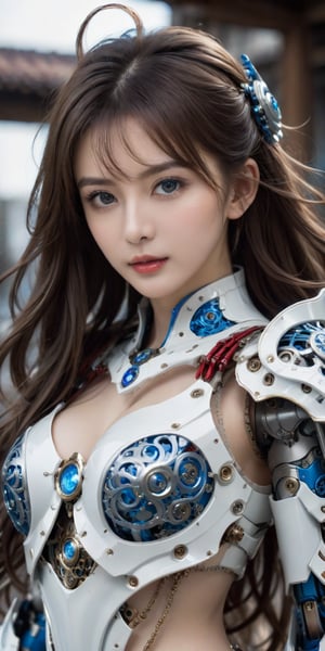 beautiful Anime girl with blue eyes and wavy long hair, front_view, masterpiece, best quality, photorealistic, raw photo, (1girl, looking at viewer), long hair, mechanical white armor, intricate armor, delicate blue filigree, intricate filigree, red metalic parts, detailed part, dynamic pose, detailed background, dynamic lighting,robot,LinkGirl