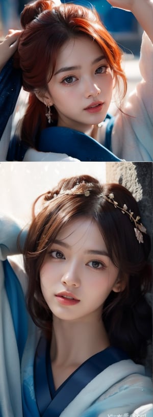 a young woman,looking at the camera,posing,ulzzang, streaming on twitch, character album cover,red moment,style of ukiyo-e,daily wear,moody lighting,appropriate comparison of cold and warm, hair over one eye,reality,idol,Beauty,beauty