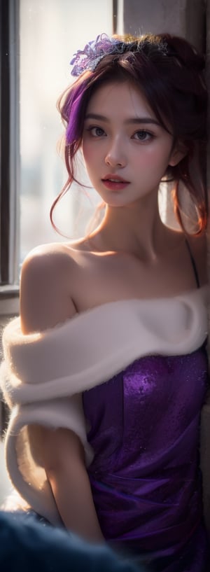 a young woman,looking at the camera,posing,ulzzang, streaming on twitch, character album cover,purple moment,style of Alessio Albi,daily wear,moody lighting,appropriate comparison of cold and warm,reality,idol,Beauty,beauty