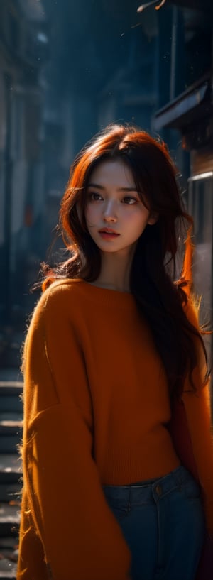 a young woman,looking at the camera,posing,ulzzang, streaming on twitch, character album cover,orange moment,style of Alessio Albi,daily wear,moody lighting,appropriate comparison of cold and warm,reality,idol,Beauty,beauty