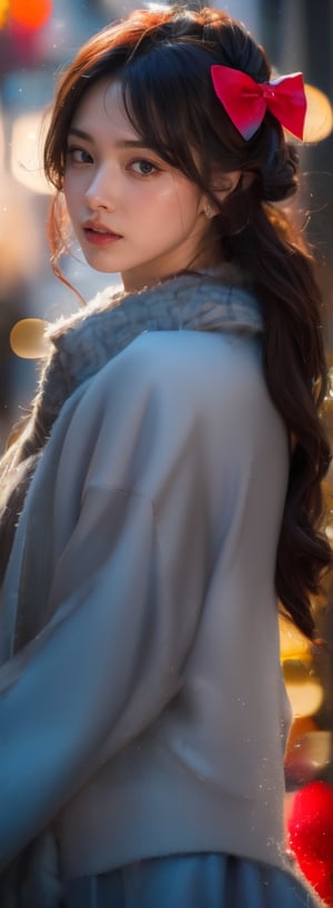a young woman,looking at the camera, posing,ulzzang, streaming on twitch, character album cover,red moment,style of bokeh,daily wear,moody lighting,appropriate comparison of cold and warm, hair over one eye, bow on head, reality,idol,Beauty,beauty
