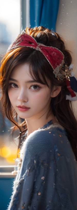 a young woman,looking at the camera, posing,ulzzang, streaming on twitch, character album cover,red moment,style of bokeh,daily wear,moody lighting,appropriate comparison of cold and warm, hair over one eye, bow on head, reality,idol,Beauty,beauty