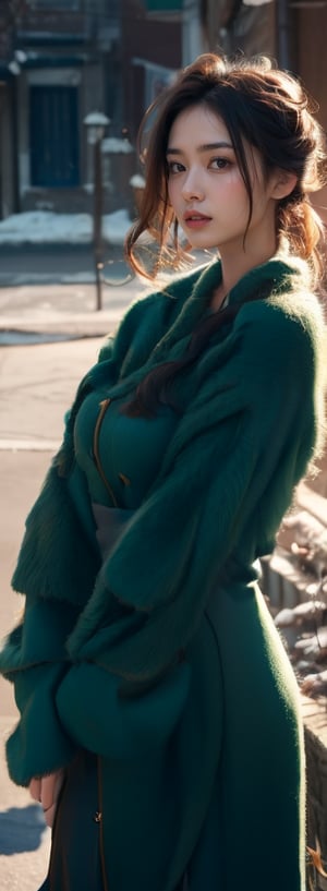 a young woman,looking at the camera,posing,ulzzang, streaming on twitch, character album cover,green moment,style of Alessio Albi,daily wear,moody lighting,appropriate comparison of cold and warm,reality,idol,Beauty,beauty