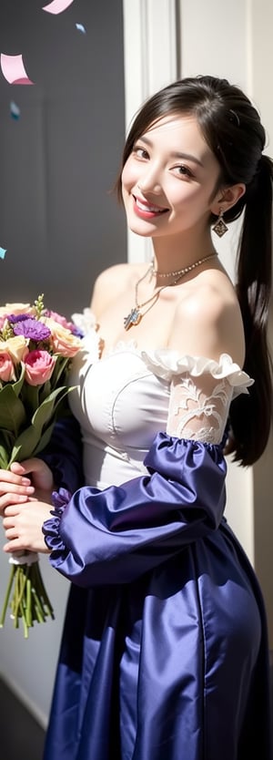 FULL BODY, black hair, twin tails, beautiful girl with great detail, beautiful and delicate eyes, detailed face, beautiful eyes, embroidery, accessories, necklace, earrings, holding purple bouquet, purple flower confetti background, reflection, evil smile, white dress, frills, detachable sleeves, frilly choker, , jewelry details, dynamic beautiful pose, dynamic pose, gothic architecture, natural light, ((realistic)) quality: 1.2), dynamic distance shot, cinematic lighting, perfect composition, super detail, official art, masterpiece, (best) quality: 1.3), reflection, high resolution CG Unity 8K wallpaper, detailed background, masterpiece, (photorealistic): 1.2), random angle, side angle,  perfect light,Beauty,Korean