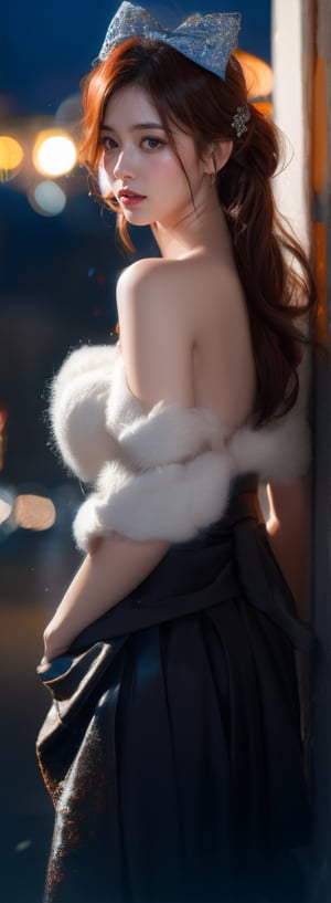 a young woman,looking at the camera, posing,ulzzang, streaming on twitch, character album cover,red moment,style of bokeh,daily wear,moody lighting,appropriate comparison of cold and warm, hair over one eye, bow on waist, reality,idol,Beauty,beauty