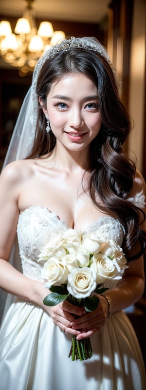 A stunning 26-year-old Korean beauty,  stands tall at 180cm, her long black hair cascading down her porcelain-like skin. Her piercing blue eyes sparkle with joy as she wears a breathtaking white wedding dress adorned with  jewelry. The camera captures the radiant bride in mid-bouquet toss, her entire face aglow with happiness. Her hourglass figure is accentuated by the flowing gown, creating a photorealistic depiction of beauty.
