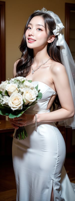A stunning 26-year-old Korean beauty, stands tall at 180cm, her long black hair cascading down her porcelain-like skin. Her piercing blue eyes sparkle with joy as she wears a breathtaking white wedding dress adorned with  jewelry. Bow on head, The camera captures the radiant bride in mid-bouquet toss, her entire face aglow with happiness. Her hourglass figure is accentuated by the flowing gown, creating a photorealistic depiction of beauty. Bow on waist