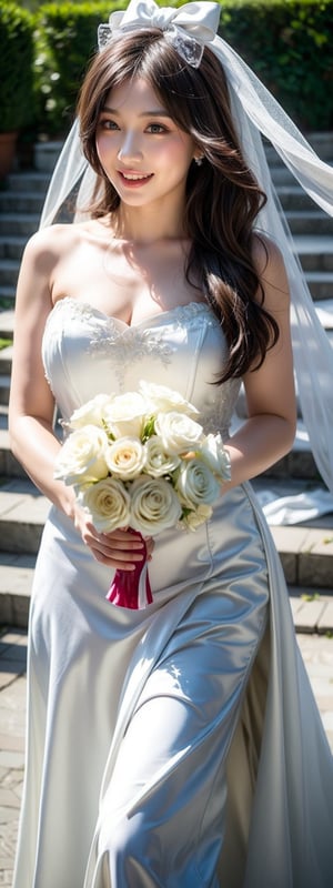 A stunning 26-year-old Korean beauty, stands tall at 180cm, her long black hair cascading down her porcelain-like skin. Her piercing blue eyes sparkle with joy as she wears a breathtaking white wedding dress adorned with  jewelry. Bow on head, The camera captures the radiant bride in mid-bouquet toss, her entire face aglow with happiness. Her hourglass figure is accentuated by the flowing gown, creating a photorealistic depiction of beauty. Bow on waist