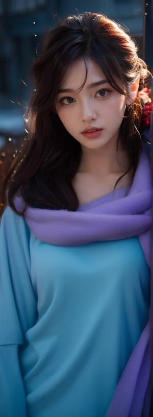 a young woman,looking at the camera,posing,ulzzang, streaming on twitch, character album cover,purple moment,style of Alessio Albi,daily wear,moody lighting,appropriate comparison of cold and warm,reality,idol,Beauty,beauty