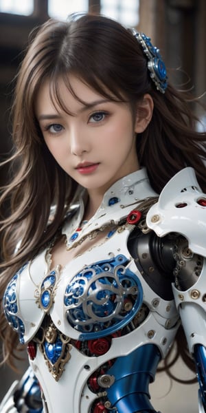 beautiful Anime girl with blue eyes and wavy long hair, front_view, masterpiece, best quality, photorealistic, raw photo, (1girl, looking at viewer), long hair, mechanical white armor, intricate armor, delicate blue filigree, intricate filigree, red metalic parts, detailed part, dynamic pose, detailed background, dynamic lighting,robot,LinkGirl