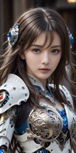 beautiful Anime girl with blue eyes and wavy long hair, front_view, masterpiece, best quality, photorealistic, raw photo, (1girl, looking at viewer), long hair, mechanical white armor, intricate armor, delicate blue filigree, intricate filigree, red metalic parts, detailed part, dynamic pose, detailed background, dynamic lighting,robot,LinkGirl
