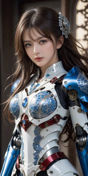 beautiful Anime girl with blue eyes and wavy long hair, front_view, masterpiece, best quality, photorealistic, raw photo, (1girl, looking at viewer), long hair, mechanical white armor, intricate armor, delicate blue filigree, intricate filigree, red metalic parts, detailed part, dynamic pose, detailed background, dynamic lighting,robot,LinkGirl