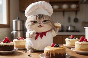 a laughing fat chef cat cooking cakes in kitchen coffee cups lots of cake,chibi