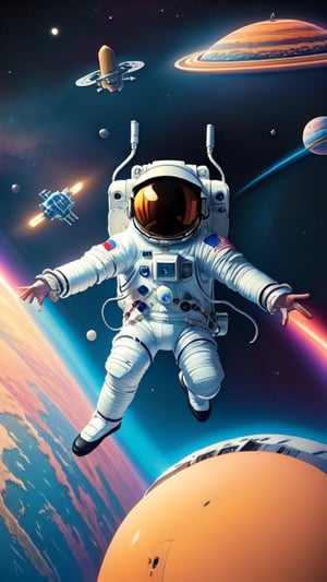 An astronaut floating in zero gravity inside a spaceship, with their laptop opened to a game resembling 'Spacewar!', symbolizing the birth of computer gaming in a futuristic setting.