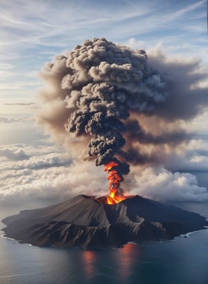 A view of a plane navigating around a large volcanic eruption, with dark clouds of ash billowing into the atmosphere and the aircraft swerving to avoid the deadly particles while passengers remain unaware of the danger