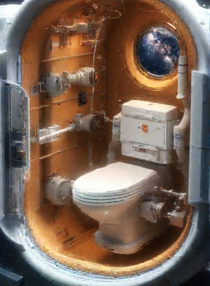 A detailed visualization of a spacesuit's integrated toilet system, showing how astronauts manage bodily functions during long spacewalks, with a realistic backdrop of the spacecraft's interior