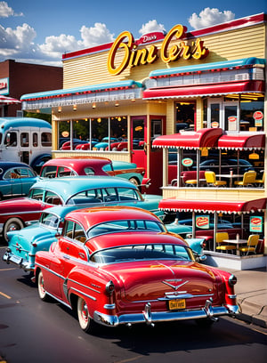 A restored classic car without seatbelts, parked in front of a 1950s diner, evoking a sense of nostalgia, while contrasting with the advanced safety features of modern cars passing by