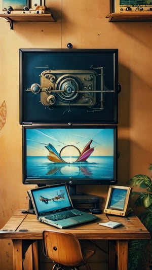 A colorful retro scene from 1988, with an old Zenith Data Systems laptop on a wooden desk, displaying a vibrant color screen for the first time, while vintage posters adorn the walls