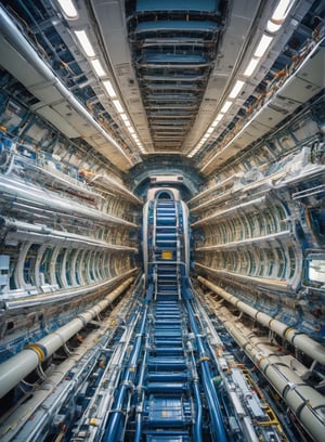 The inner workings of a commercial jet's air circulation system, with pressurized air flowing through ducts, being filtered and mixed with fresh, compressed outside air at 35,000 feet, creating a futuristic, industrial aesthetic