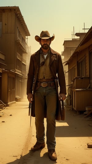 Main Characters: Cowboy holding Colt Peacemaker, Expression: Stoic readiness
Time: 1880s, high noon
Place: Dusty Western town with wooden storefronts
Scene Description: A lone cowboy stands in the center of a dusty street, gripping his Colt Peacemaker at his side, the sun casting sharp shadows over his face. The town around him is quiet, the tension of an impending showdown thick in the air. His silhouette, framed against weathered wooden storefronts, evokes the rugged lawlessness of the Wild West.