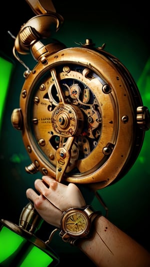 An antique wristwatch with radium-painted hands glowing in the dark, the faint eerie green light illuminating the face of the watch in an otherwise pitch-black room, symbolizing the hidden dangers of radioactivity