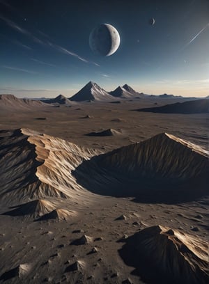 The towering peaks of Mons Huygens on the Moon, standing against a dark star-filled sky, their sharp ridges casting long shadows across the surrounding plains