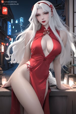 Sexy Pose , (masterpiece),(solo), 1 Japanese beauty, white hair ,  (high sexual attraction,long hair), in the dark night, (sexy Chinese Hanfu+body implants) ,(highly detailed background of ancient Indian achitechture with neon lights) ,Cyberpunk,Enhance,  Chinese fantasy art,shark