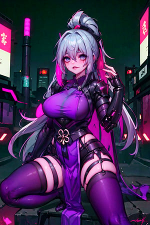 Sexy Pose , (masterpiece),(solo), 1 Japanese beauty, white hair ,  (high sexual attraction,long hair), in the dark night, (sexy Chinese Hanfu+body implants) ,(highly detailed background of ancient Indian achitechture with neon lights) ,Cyberpunk,Enhance,  Chinese fantasy art,shark