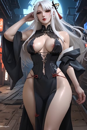 Sexy Pose , (masterpiece),(solo), 1 Japanese beauty, white hair ,  (high sexual attraction,long hair), in the dark night, (sexy Chinese Hanfu+body implants) ,(highly detailed background of ancient Indian achitechture with neon lights) ,Cyberpunk,Enhance,  Chinese fantasy art,shark