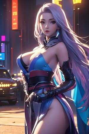 Sexy Pose , (masterpiece),(solo), 1 Japanese beauty, white hair ,  (high sexual attraction,long hair), in the dark night, (sexy Chinese Hanfu+body implants) ,(highly detailed background of ancient Indian achitechture with neon lights) ,Cyberpunk,Enhance,  Chinese fantasy art,shark