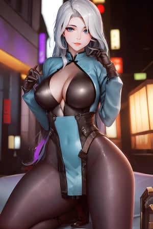 Sexy Pose , (masterpiece),(solo), 1 Japanese beauty, white hair ,  (high sexual attraction,long hair), in the dark night, (sexy Chinese Hanfu+body implants) ,(highly detailed background of ancient Indian achitechture with neon lights) ,Cyberpunk,Enhance,  Chinese fantasy art,shark