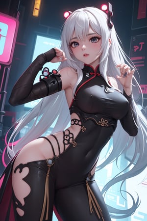 Sexy Pose , (masterpiece),(solo), 1 Japanese beauty, white hair ,  (high sexual attraction,long hair), in the dark night, (sexy Chinese Hanfu+body implants) ,(highly detailed background of ancient Indian achitechture with neon lights) ,Cyberpunk,Enhance,  Chinese fantasy art,shark