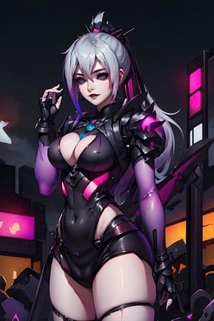 Sexy Pose , (masterpiece),(solo), 1 Japanese beauty, white hair ,  (high sexual attraction,long hair), in the dark night, (sexy Chinese Hanfu+body implants) ,(highly detailed background of ancient Indian achitechture with neon lights) ,Cyberpunk,Enhance,  Chinese fantasy art,shark