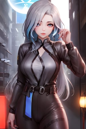 Sexy Pose , (masterpiece),(solo), 1 Japanese beauty, white hair ,  (high sexual attraction,long hair), in the dark night, (sexy Chinese Hanfu+body implants) ,(highly detailed background of ancient Indian achitechture with neon lights) ,Cyberpunk,Enhance,  Chinese fantasy art,shark