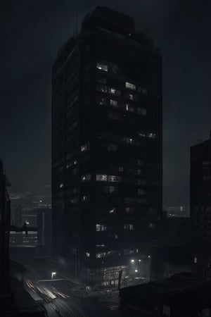 A tall office building at night, dimly lit by streetlights. The building stands alone on a quiet street, creating a tense, isolated atmosphere. The office windows are mostly dark, with only a few dimly illuminated rooms indicating late work. In the distance, city lights cast a faint glow over the horizon, contrasting with the shadowy facade of the building. The mood is eerie and suspenseful, capturing the unsettling calm before a crime is discovered.